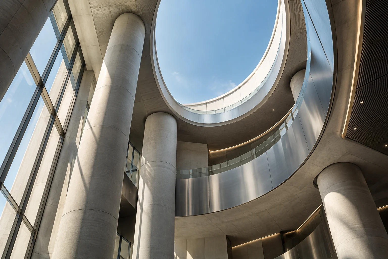 Looking up through a concrete atrium to an oval skylight.
