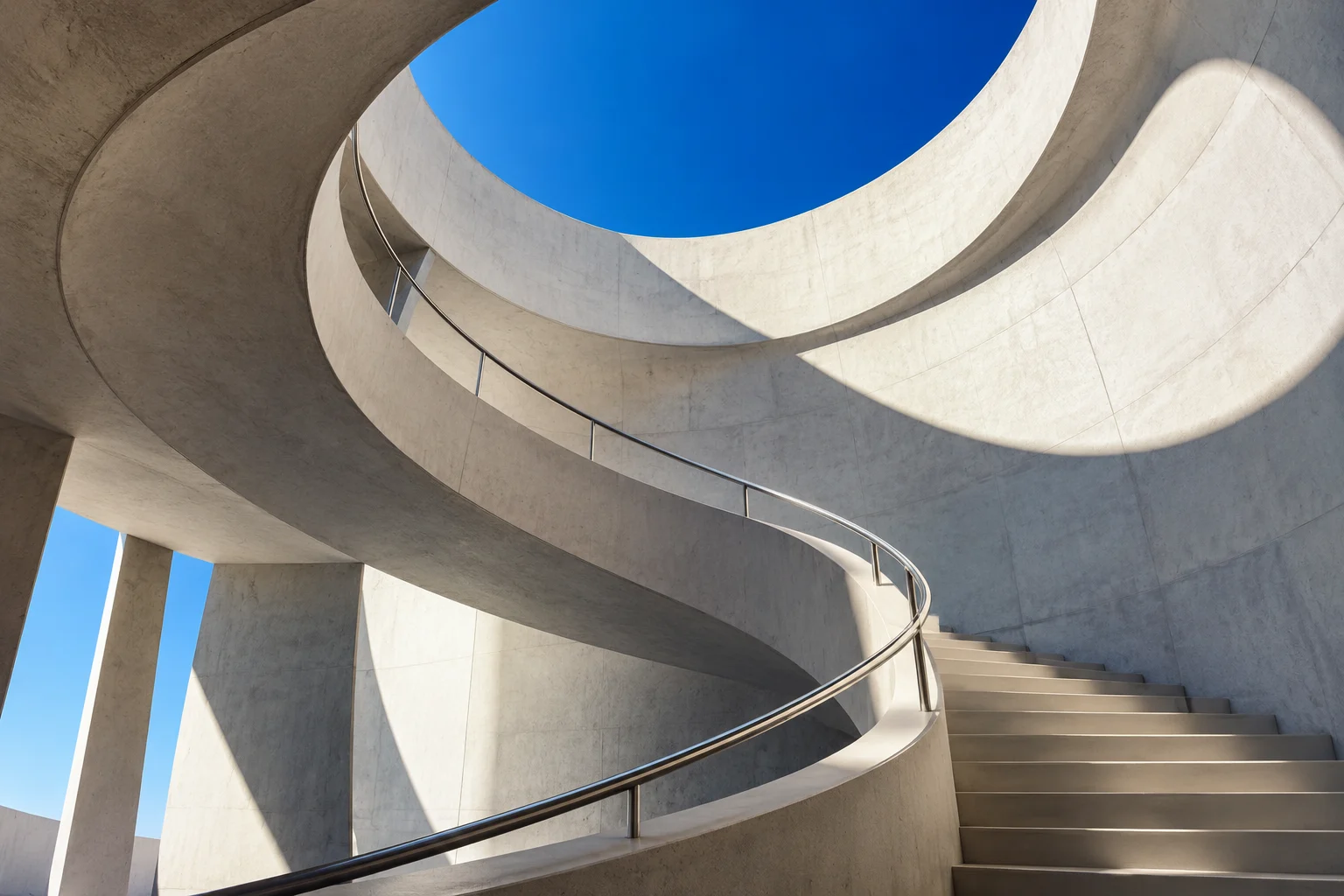 A curved concrete staircase rising toward an open circle of deep blue sky.